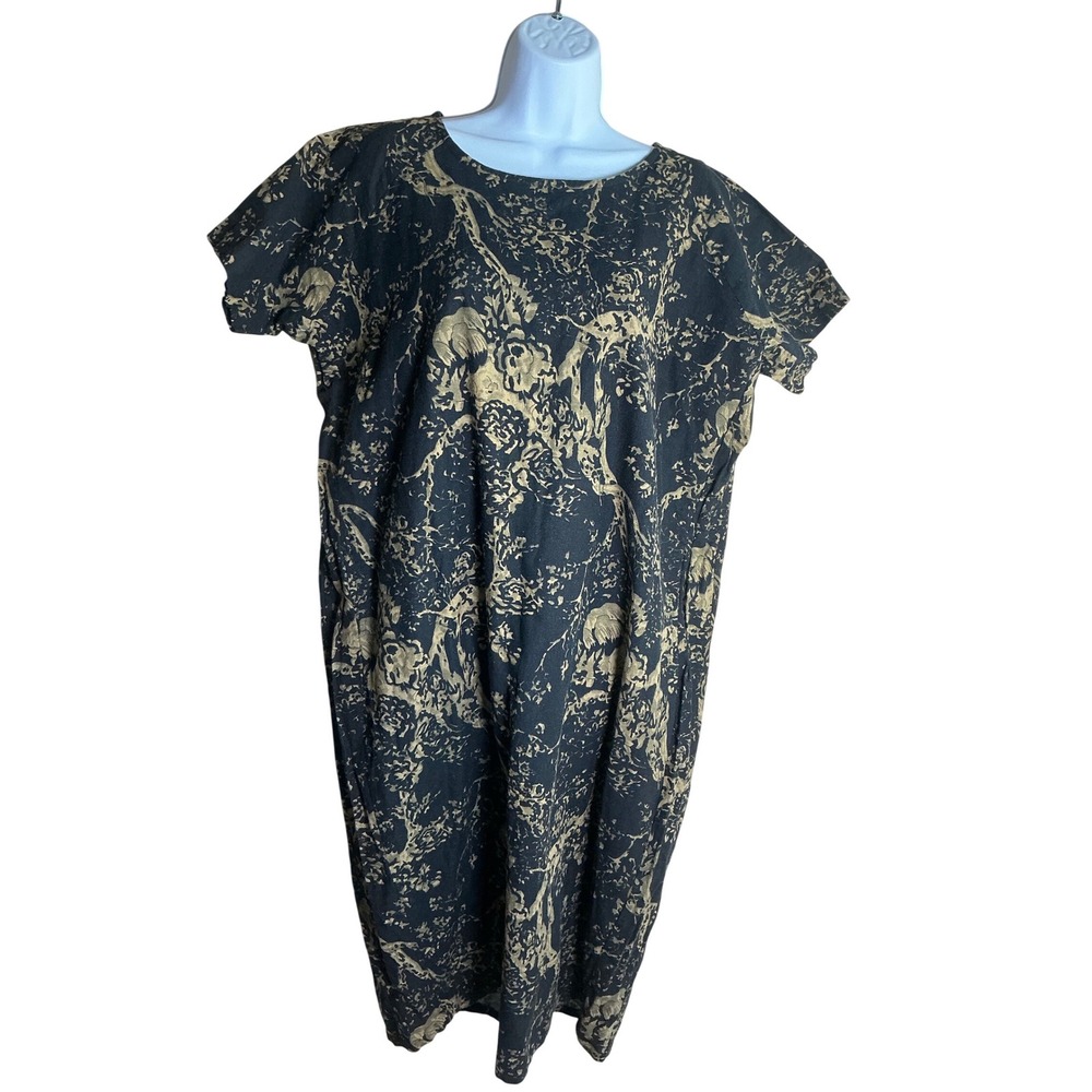XMLP‎ Linen Cotton Blend Botanical Print Short Sleeve Shift Dress Black Gold